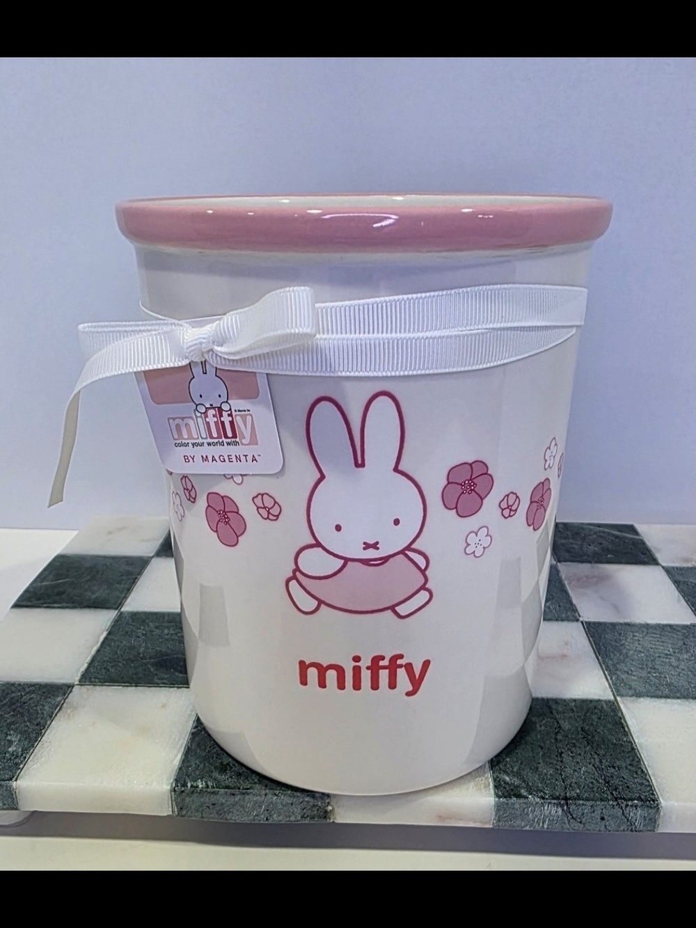 ♥️New! Miffy by Magenta Ceramic Utensil Holder Crock Pink Floral Pattern.